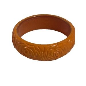 Vintage Lucite Deep Carved Roses Bangle Bracelet In Butterscotch 2.5"